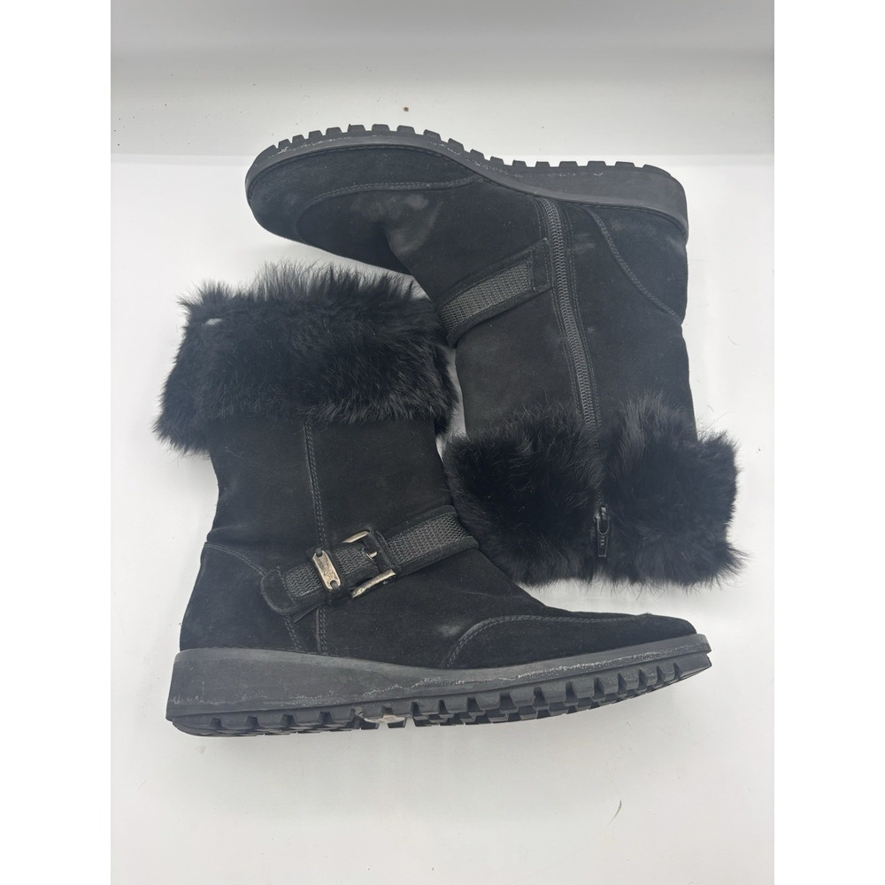 Stuart Weitzman Black Suede Fur Trim Boots 6.5 Buckle Zip Winter Fuzzy